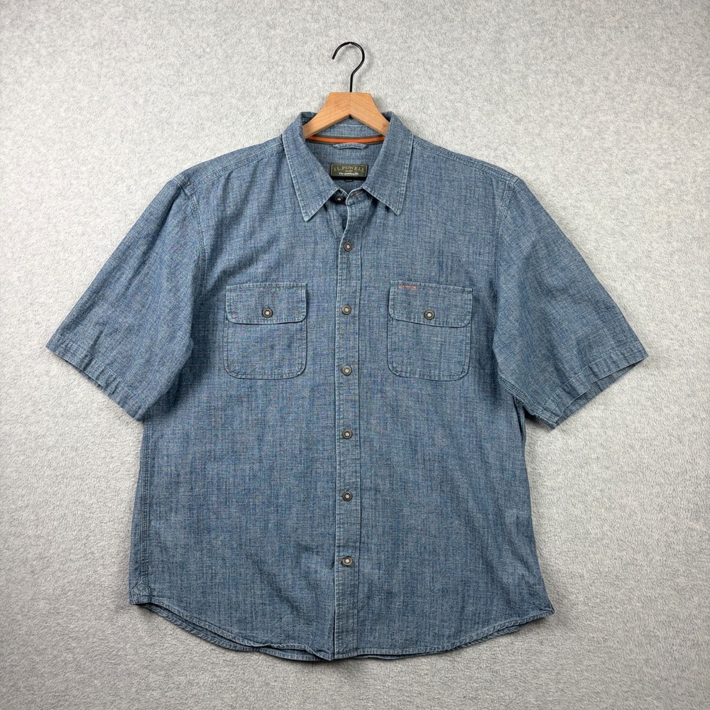JL Powell Shirt Mens XL Blue Chambray Work Short Sleeve Button Up Two Pocket